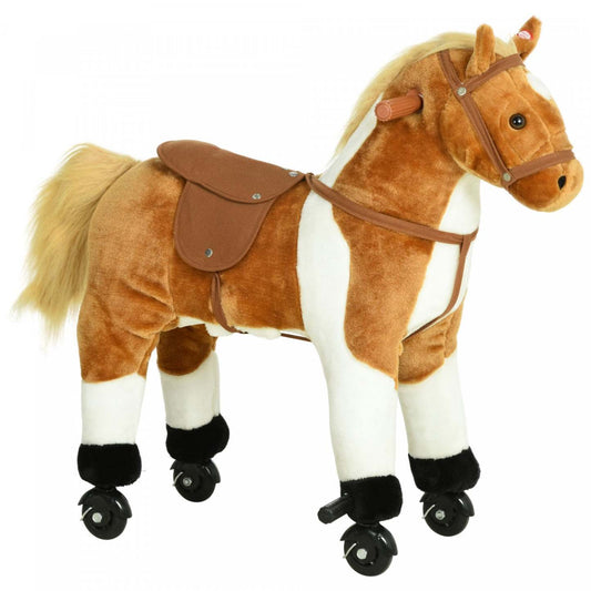 Qaba Kids Cheval à Bascule, Grand Jouet à Roues pour Enfants de 3 Ans, Rocker en Peluche pour Bébé | Qaba Cheval A Bascule Jouet Son Henissement Peluche Avec Roue Cadeau Enfant 110lb Capacite De Poids