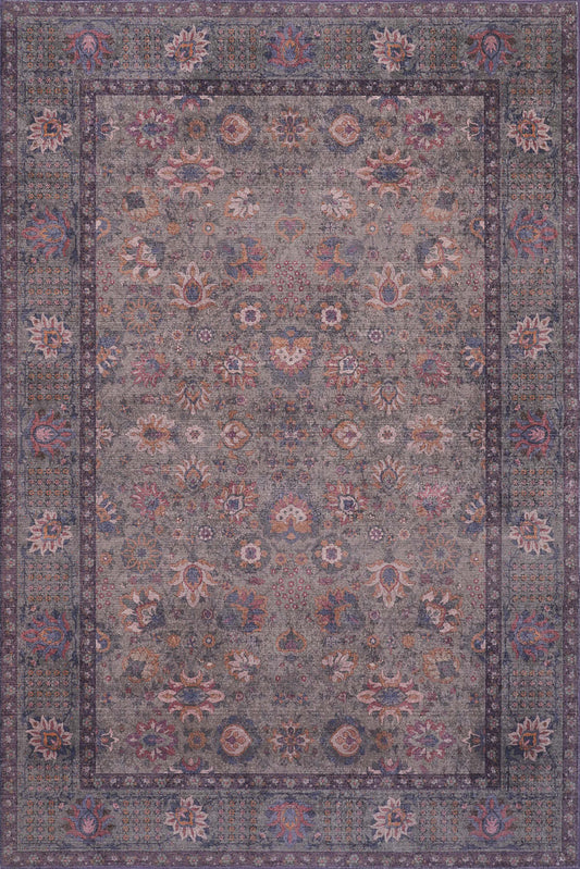 Aqua Brown Flora Tapis lavable antidérapant à poils courts 5' x 7' | Tapis Brun Floral Lavable Antidérapant À Poils Ras 5'x7'