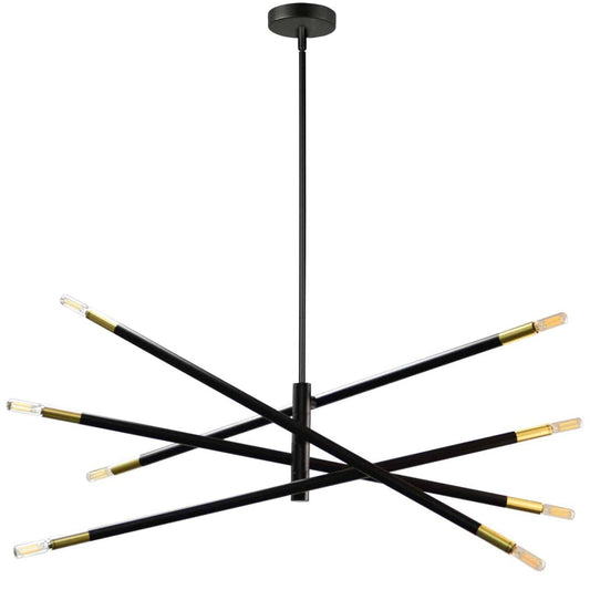 Dainolite Wand 8 Light Chandelier Small Matte Black/Aged Brass Lamp|Petit lustre Wand de Dainolite avec fini noir mat et laiton vieilli et 8 ampoules