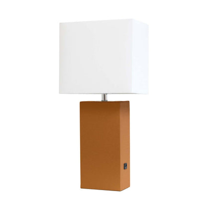 Lampe de table moderne Elegant Designs en cuir avec USB et abat-jour en tissu blanc, brun clair|Lampe de table moderne Elegant Designs en cuir avec USB, brun clair|D214UX2K