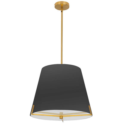 Dainolite Preston 4 Light Pendant 19 Dia Aged Brass Black Fabric Shade Lamp|Luminaire suspendu Preston de Dainolite de 19 po de diamètre avec abat-jour en tissu noir, fini laiton vieilli et 4 ampoules