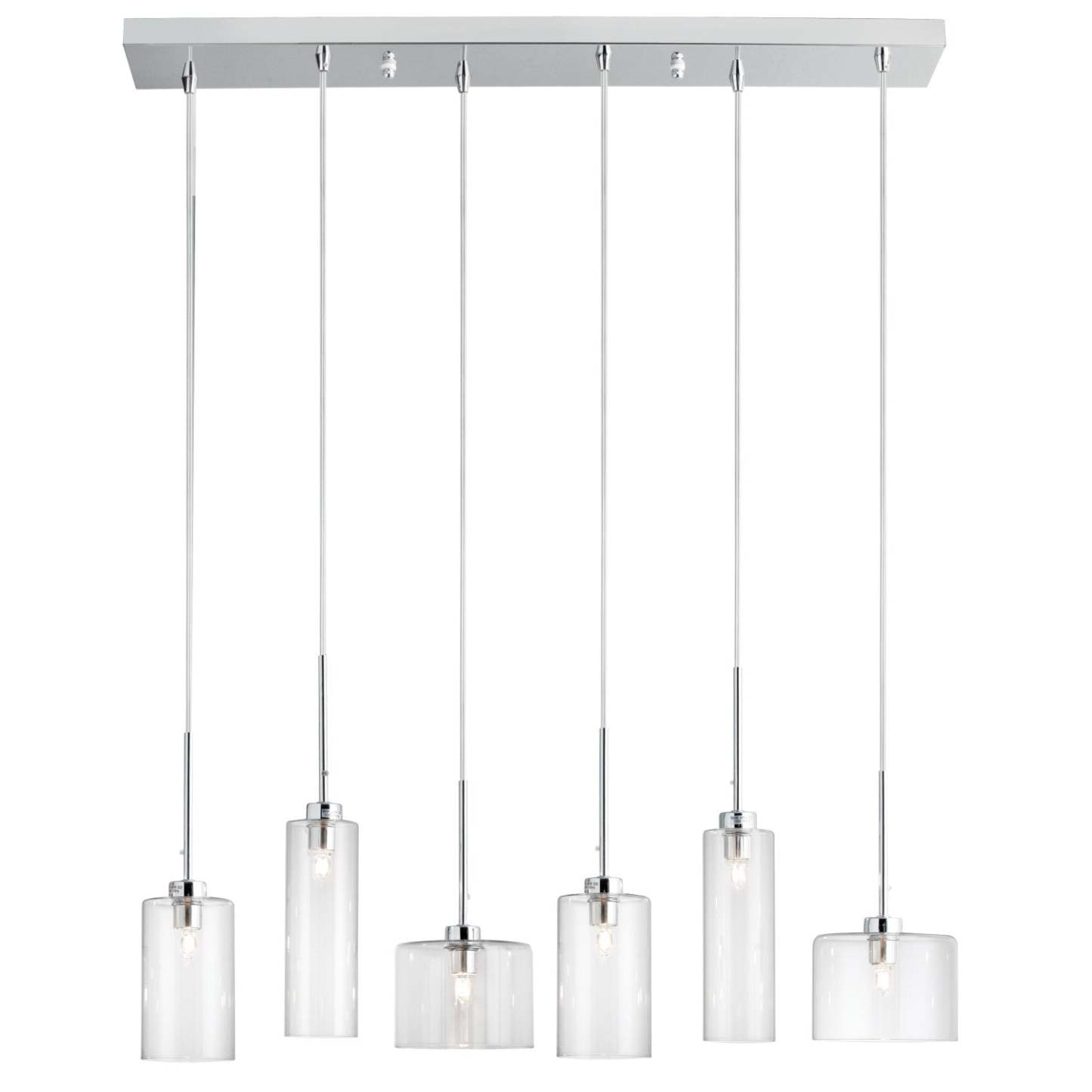 Dainolite Industrial Chic 6 Light Horizontal Pendant Polished Chrome Finish Clear Glass Lamp|Luminaire suspendu horizontal Industrial Chic de Dainolite en verre transparent, avec fini chromé poli et 6 ampoules