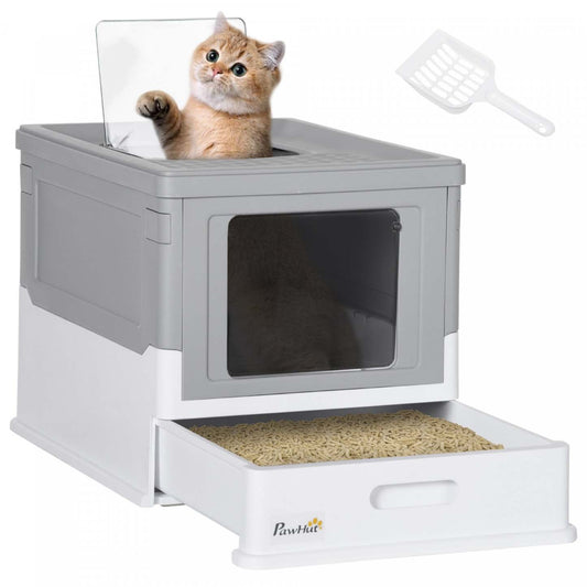 Pawhut Bac À Litière Pour Chat, Bac À Litière Enclos Avec Entrée Par Le Dessus Avec Pelle, Plateau, Kit Portable Pliable