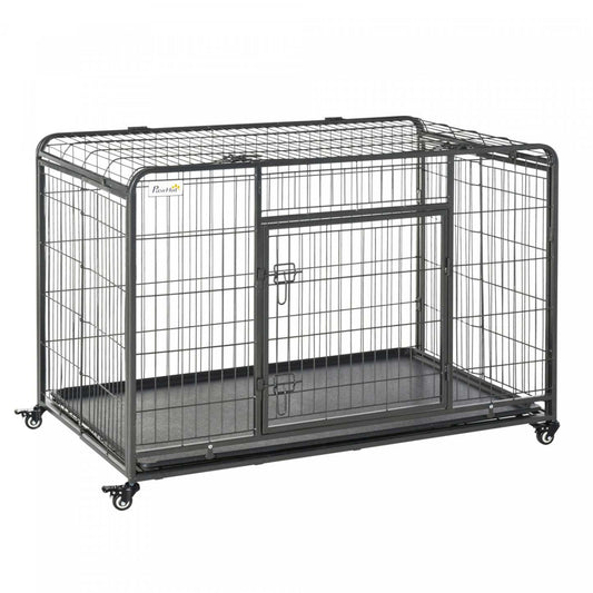 Pawhut Cage Pliable Haute Résistance Pour Chiens De Taille XL Avec Double Porte, Roues Verrouillables, Panneau De Séparation