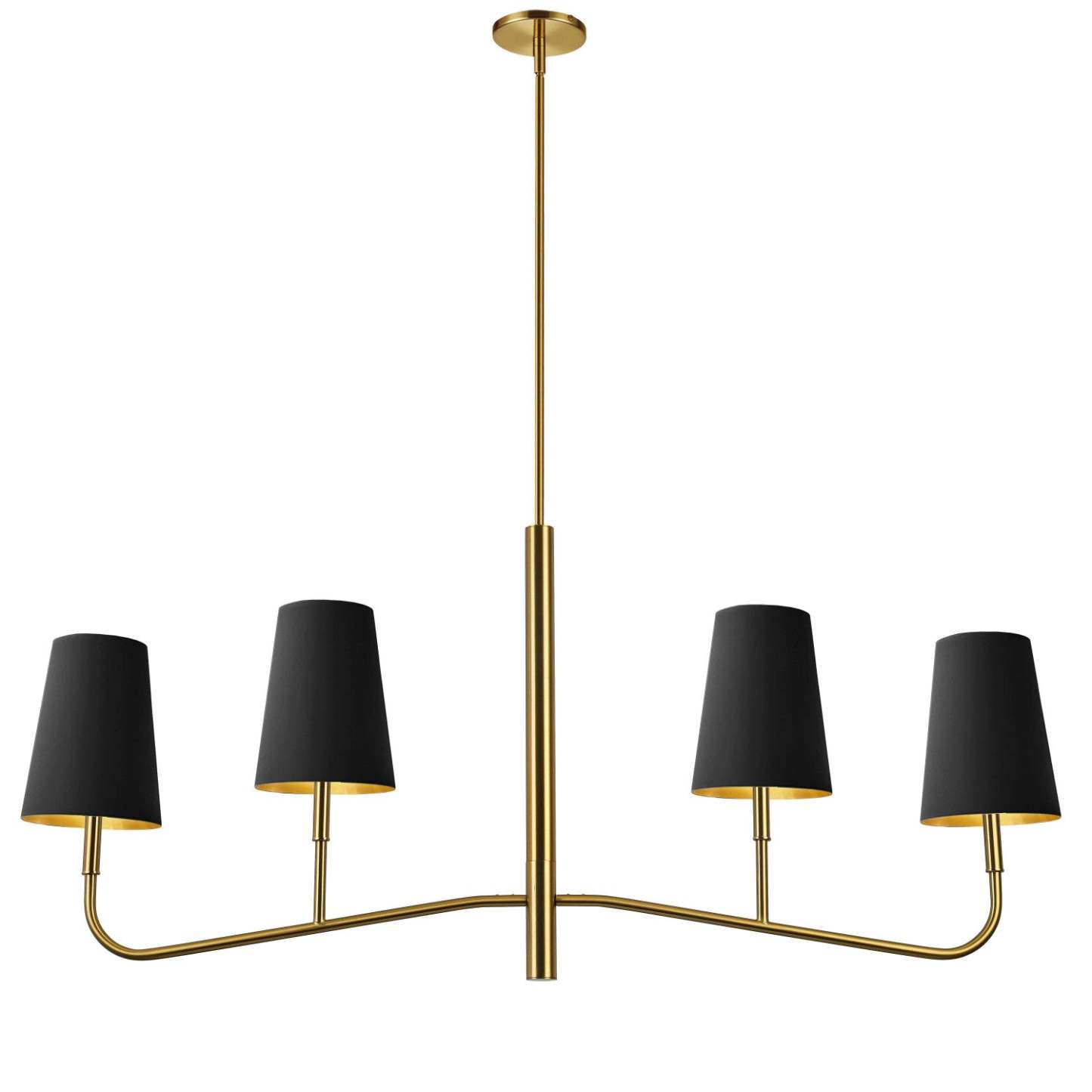 Dainolite Eleanor 4 Light Horizontal Chandelier Aged Brass Black/Gold Shades Lampe|Lustre horizontal Eleanor de Dainolite avec abat-jour noir et doré, fini laiton vieilli et 4 ampoules