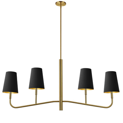 Dainolite Eleanor 4 Light Horizontal Chandelier Aged Brass Black/Gold Shades Lampe|Lustre horizontal Eleanor de Dainolite avec abat-jour noir et doré, fini laiton vieilli et 4 ampoules