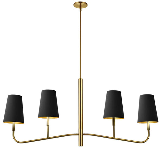 Dainolite Eleanor 4 Light Horizontal Chandelier Aged Brass Black/Gold Shades Lampe|Lustre horizontal Eleanor de Dainolite avec abat-jour noir et doré, fini laiton vieilli et 4 ampoules