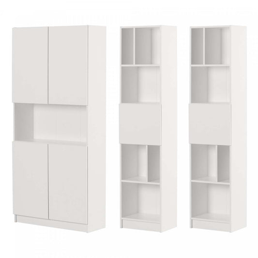 Liora Set Of Bookcase And 2 Narrow 5-shelf Bookcases - Pure White | Liora Ensemble Bibliotheque Et 2 Bibliotheques Etroites 5 Tablettes - Blanc Solide