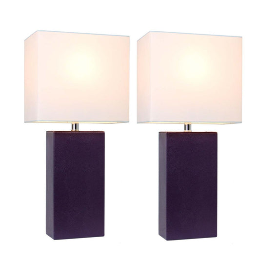Ensemble 2 lampes de table moderne Elegant Designs en cuir aubergine avec abat-jour en tissu blanc|D2299EAV