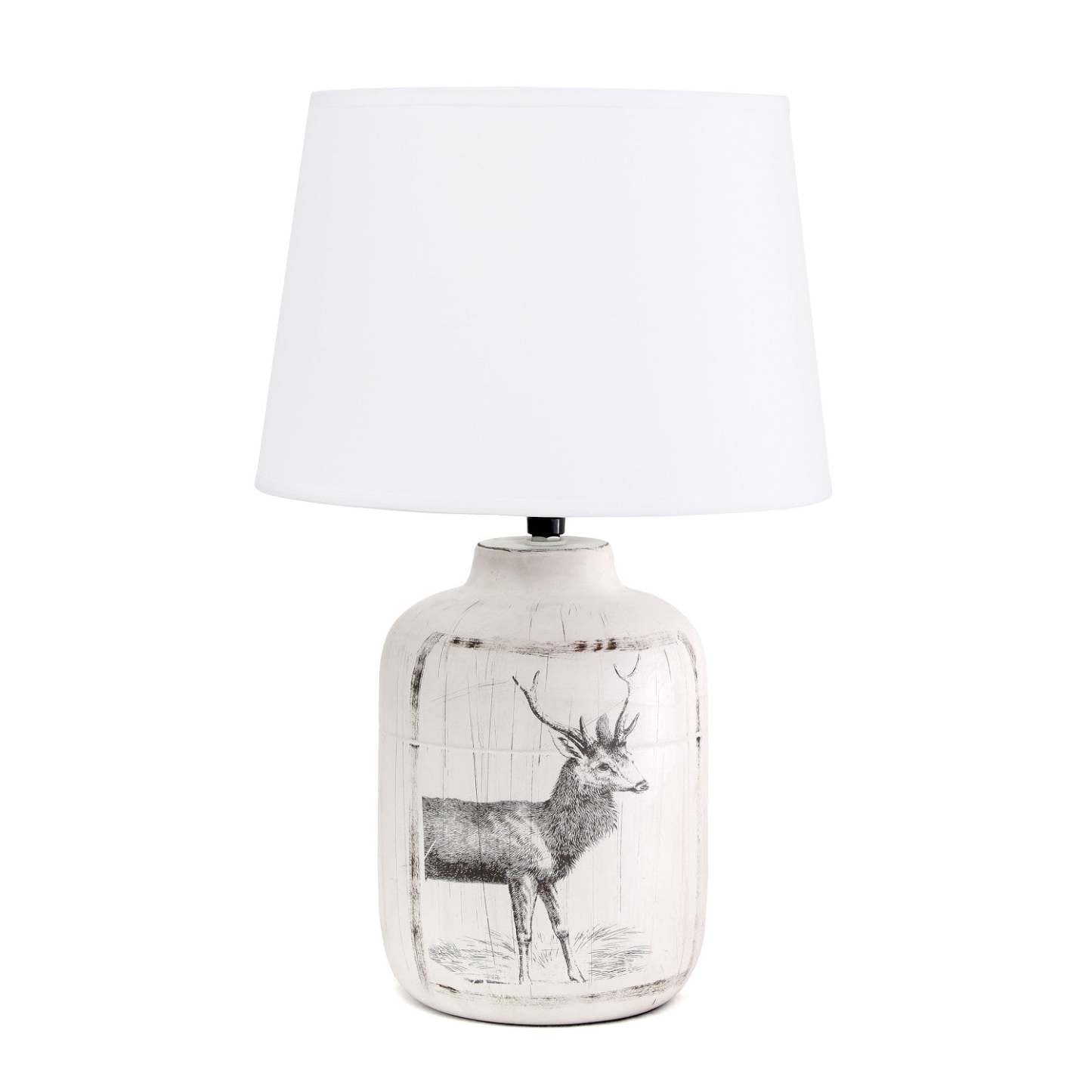 Simple Designs Rustic Deer Buck Nature Lampe de table d'appoint en céramique imprimée avec abat-jour en tissu|Lampe de table Simple Designs en céramique avec imprimé cerf et nature de style rustique champêtre|D21KSYKV