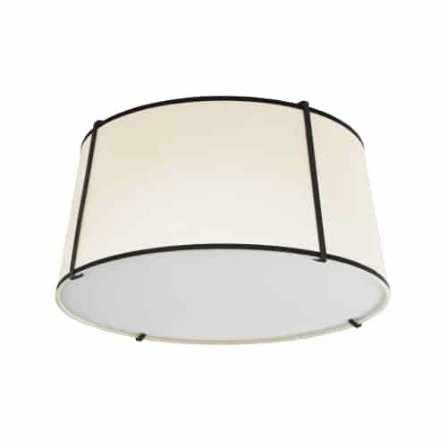 Dainolite Trapezoid 3 Light Flush Mount Tapered Drum Shaped Black/Cream Shade White Fabric Diffuser Lamp|Plafonnier affleuré Trapezoid de Dainolite avec abat-jour cylindrique effilé noir et crème qui diffuse la lumière, tissu blanc et 3 ampoules