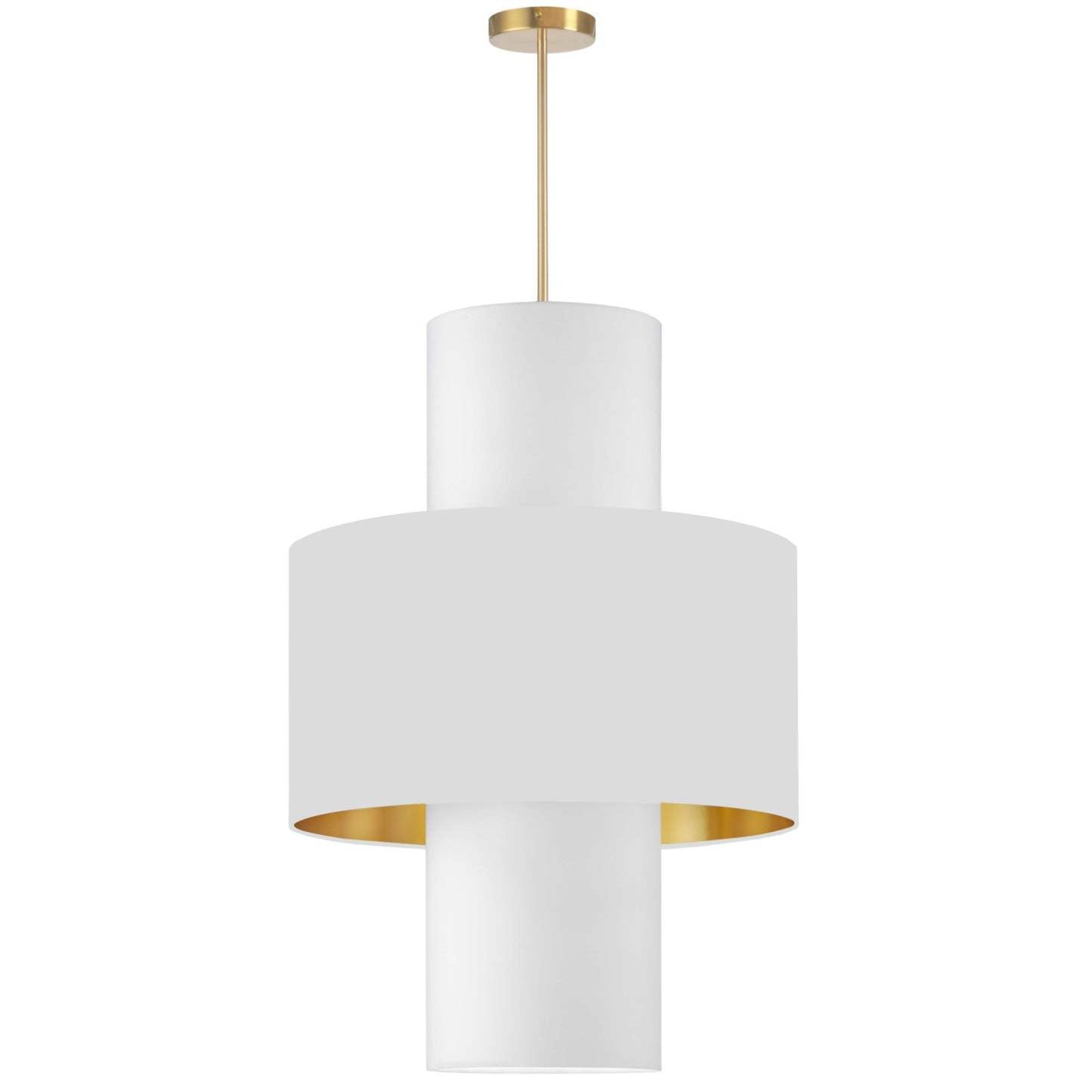 Dainolite Patrona 4 Light Pendant Aged Brass White/Gold/White Shades Lamp|Luminaire suspendu Patrona de Dainolite avec abat-jour blanc et doré, fini laiton vieilli et 4 ampoules