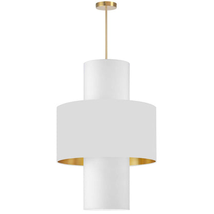 Dainolite Patrona 4 Light Pendant Aged Brass White/Gold/White Shades Lamp|Luminaire suspendu Patrona de Dainolite avec abat-jour blanc et doré, fini laiton vieilli et 4 ampoules
