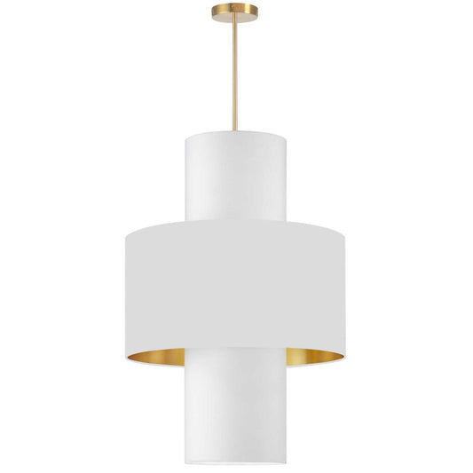 Dainolite Patrona 4 Light Pendant Aged Brass White/Gold/White Shades Lamp|Luminaire suspendu Patrona de Dainolite avec abat-jour blanc et doré, fini laiton vieilli et 4 ampoules