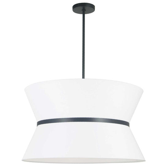 Dainolite Caterine 4 Light Pendant 24 Dia Matte Black Finish Black Ring/White Shade Lamp|Luminaire suspendu Caterine de Dainolite de 24 po de diamètre, avec abat-jour blanc, anneau noir, fini noir mat et 4 ampoules
