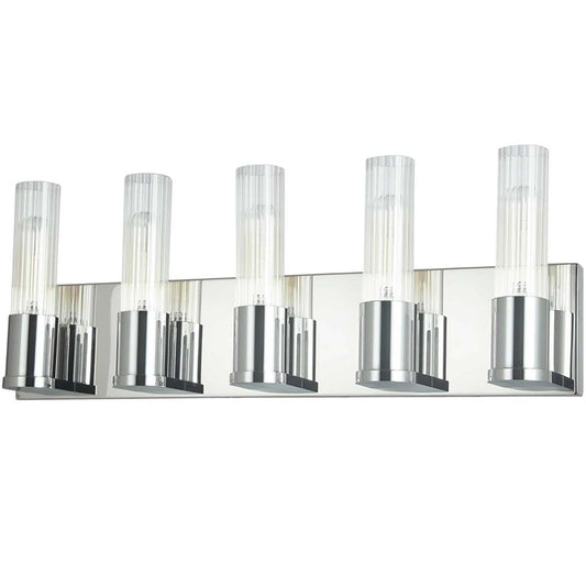 Dainolite Tube 5 Light Vanity Light Polished Chrome Clear Fluted Glass Lamp|Lumière de coiffeuse Tube de Dainolite en verre cannelé transparent, avec fini chromé poli et 5 ampoules
