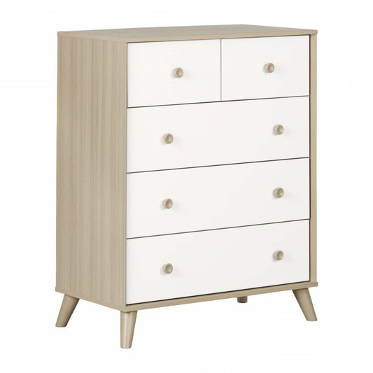 Meuble de rangement coffre 5 tiroirs Yodi - Soft Elm White|Commode verticale de rangement Yodi à 5 tiroirs - orme naturel et blanc
