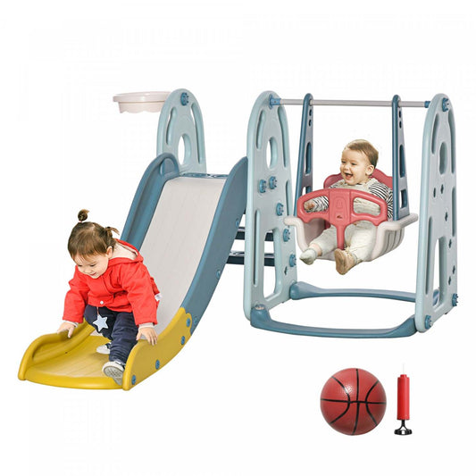 Qaba Ensemble De Toboggan Balancoire Pour Enfants 4 En 1 Avec Panier De Basket-ball A Hauteur Reglable Base Remplissable D'eau Todd