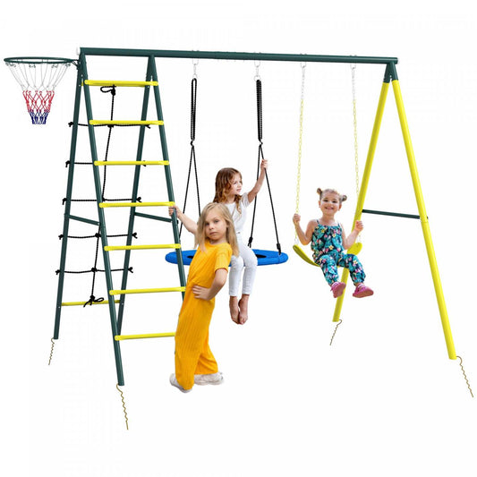 Outsunny 5 En 1 Balancoire Pour Enfants Avec Balancoire Soucoupe, Siege, Echelle D'escalade/filet, Cerceau De Basket, Me