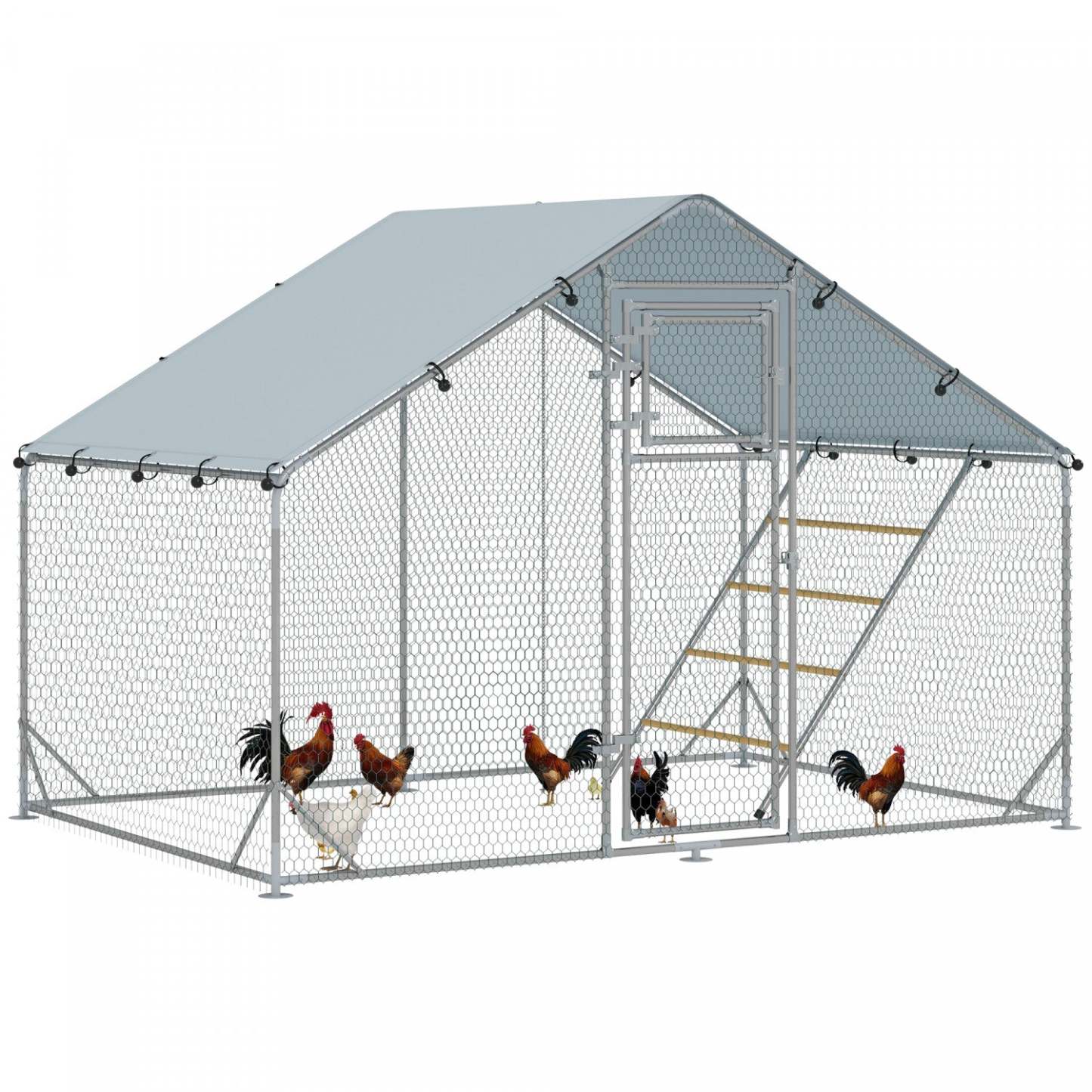 Pawhut Enclos à Poules, Grand Poulailler en Métal avec Porte d'Alimentation, Couverture Imperméable et Résistante aux UV, Mangeoire Suspendue, Perchoir, Cage à Volaille pour Extérieur, Jardin, Ferme, Pour 6-8 Volatiles