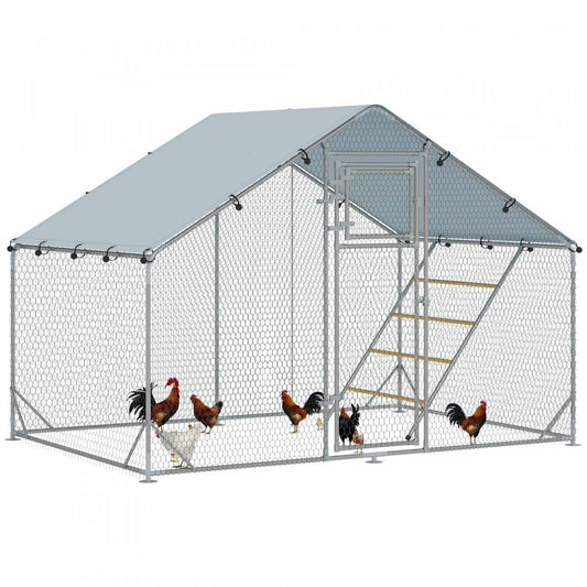 Pawhut Enclos à Poules, Grand Poulailler en Métal avec Porte d'Alimentation, Couverture Imperméable et Résistante aux UV, Mangeoire Suspendue, Perchoir, Cage à Volaille pour Extérieur, Jardin, Ferme, Pour 6-8 Volatiles