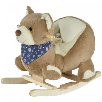 Qaba Cheval à bascule, Cheval à monter pour enfants thème ours en peluche doux avec musique, ceinture de sécurité, base en bois pour | Qaba Jouet à bascule pour enfants style ours avec musique amusante et tissu en peluche doux
