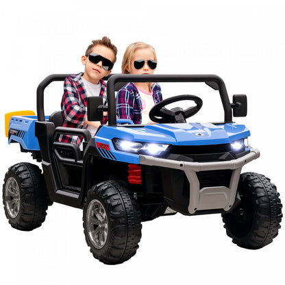 Aosom voiture à deux places, 12v 7ah UTV pour enfants, camion benne à conduire avec benne électrique et pelle, télécommande, suspension à 4 ressorts, musique, lumières, pour garçons et filles, bleu