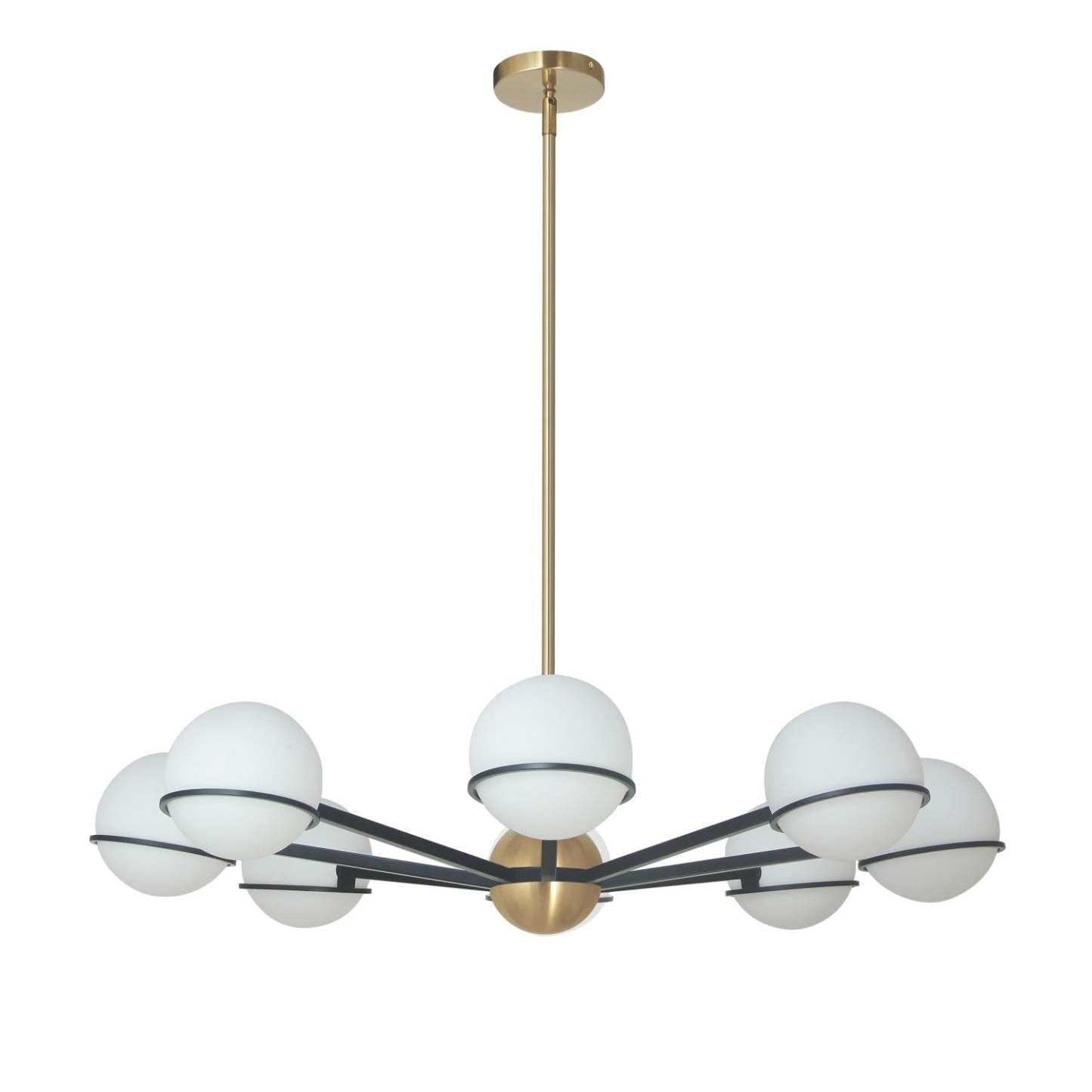 Dainolite Sofia 8 Light Chandelier Matte Black/Aged Brass White Opal Glass Lamp|Lustre Sofia de Dainolite en verre blanc opale, avec fini noir mat et laiton vieilli, et 8 ampoules