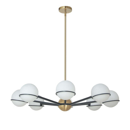 Dainolite Sofia 8 Light Chandelier Matte Black/Aged Brass White Opal Glass Lamp|Lustre Sofia de Dainolite en verre blanc opale, avec fini noir mat et laiton vieilli, et 8 ampoules