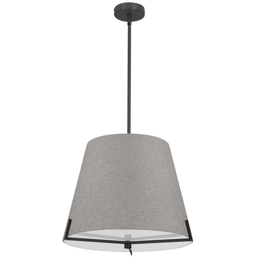 Luminaire suspendu Preston de Dainolite de 19 po de diamètre avec abat-jour en tissu gris, fini noir mat et 4 ampoules