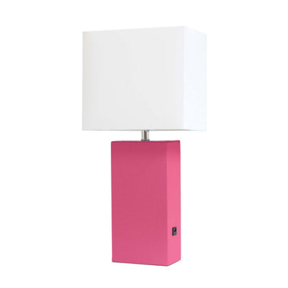 Lampe de table moderne Elegant Designs en cuir avec USB et abat-jour en tissu blanc, rose vif|Lampe de table moderne Elegant Designs en cuir avec USB, rose vif|D21FT7XE