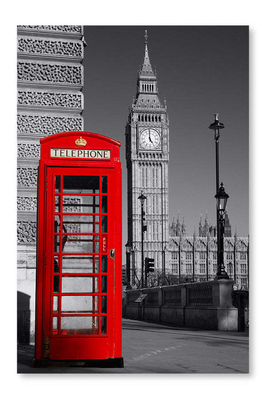 Cadre mural et panneau en tissu Bw Westminster Phone Box 24x36 | Bw Westminster Phone Box 24 po x 36 po : Cadre d'art mural et panneau de tissu | D44GE2A6