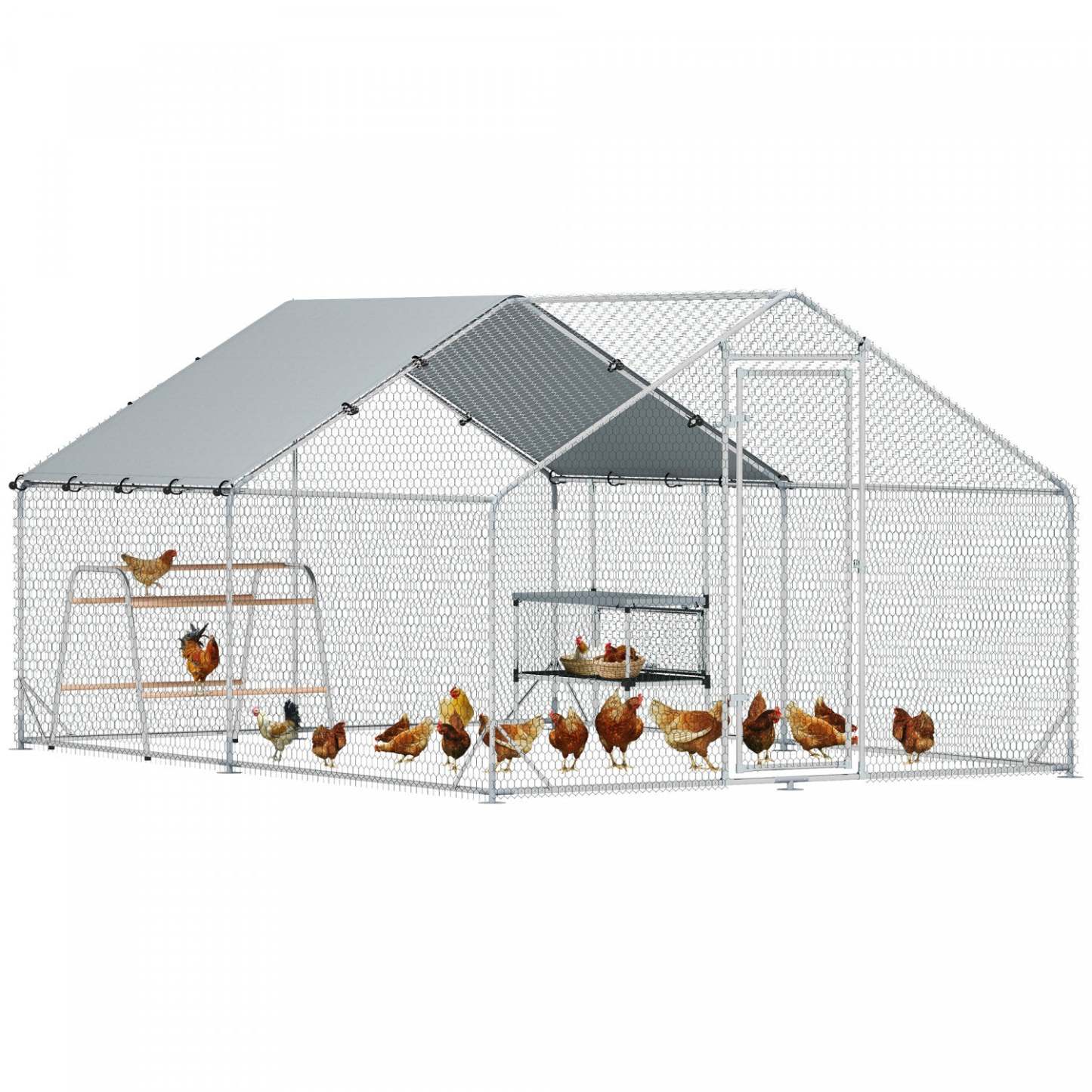 Pawhut Enclos à Poules, Grand Poulailler en Métal avec Boîte de Nidification, Couverture Imperméable et Résistante aux UV, Barres de Perchoir, Cage à Volaille pour Extérieur, Jardin, Ferme, Pour 12-18 Volatiles