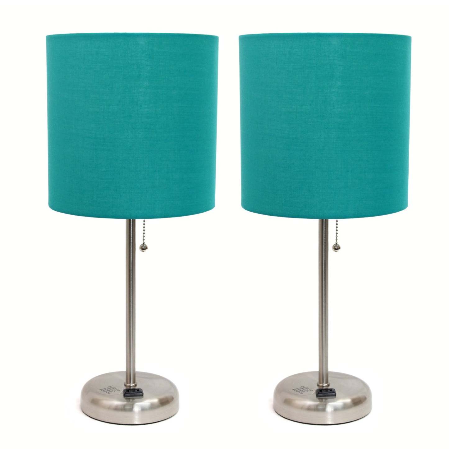 Limelights Ensemble 2 lampes en acier brossé avec prise de recharge et abat-jour en tissu, ensemble de lampes turquoise|Ensemble 2 lampes Limelights turquoise avec pied mince en acier brossé et prise de recharge|D21TUK59