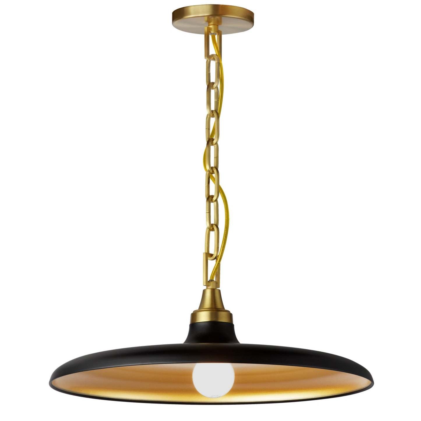 Dainolite Quentin 1 Light Pendant Aged Brass Matte Black/Gold Shade Lamp|Luminaire suspendu Quentin de Dainolite avec abat-jour noir mat et doré, finition laiton vieilli et 1 ampoule