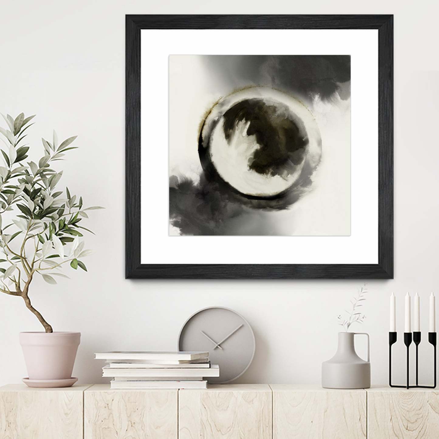 Smokey Circumference Matted and Framed Black 36x36 Wall Art|Œuvre d'art murale encadrée noire et mate « Smokey Circumference » 36 x 36