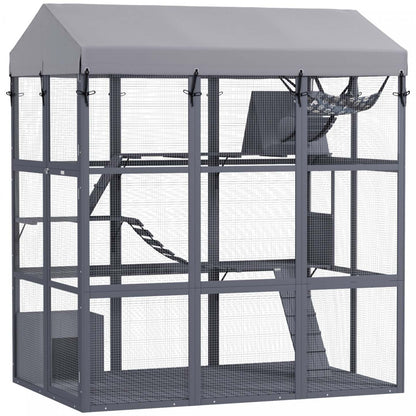 Pawhut Grande Maison pour Chats avec Sol Anti-évasion, 81 H Catio en Bois Enclos Extérieur pour Chats avec Couverture Imperméable, Porte d'Entrée, Condo, Hamac, Rampe, Pont, Pour 2-4 Chats