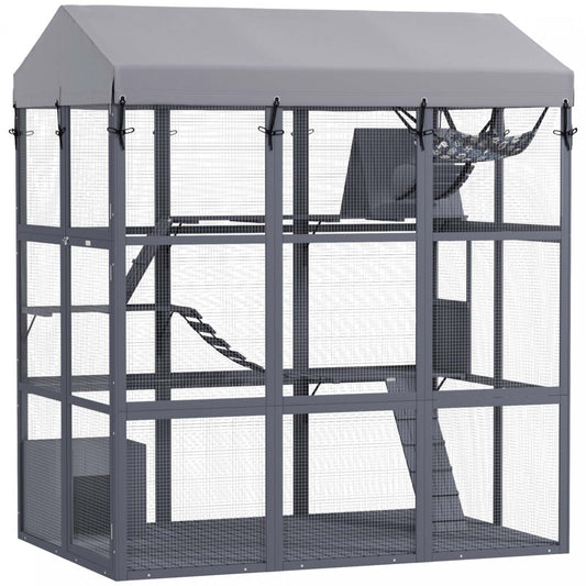 Pawhut Grande Maison pour Chats avec Sol Anti-évasion, 81 H Catio en Bois Enclos Extérieur pour Chats avec Couverture Imperméable, Porte d'Entrée, Condo, Hamac, Rampe, Pont, Pour 2-4 Chats