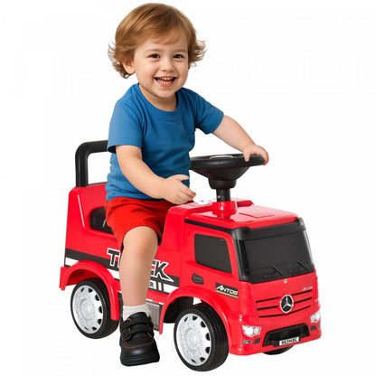Qaba Mercedes-benz Antos Voiture pour Bébé Licenciée, Voiture à Pousser pour Enfants avec Rangement Sous le Siège, Glissière au Sol avec Volant, Klaxon, Phare, Pour 18-36 Mois, Rouge