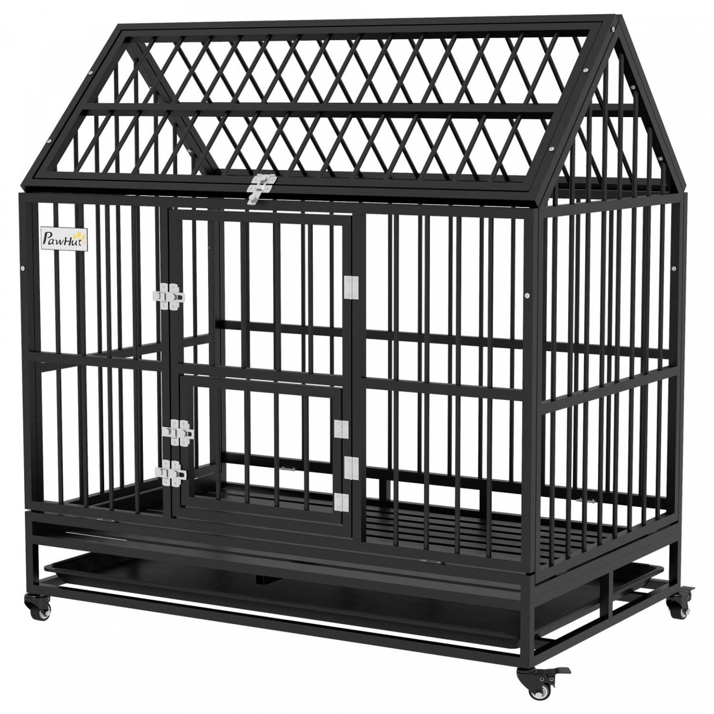 Pawhut 49 Heavy Duty Dog Crate, Metal Dog Kennel Cage With Openable Roof, Amovible Tray, Doors, Wh|Cage Pour Chien Robuste En Metal De 49 Avec Plateau Amovible, Portes, Toit Ouvrant, Roues, P