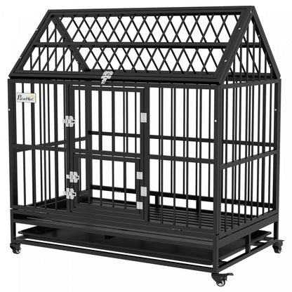 Pawhut 49 Heavy Duty Dog Crate, Metal Dog Kennel Cage With Openable Roof, Amovible Tray, Doors, Wh|Cage Pour Chien Robuste En Metal De 49 Avec Plateau Amovible, Portes, Toit Ouvrant, Roues, P