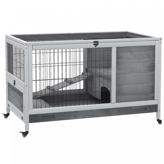 Pawhut Huche D'interieur En Bois Pour Lapin Avec Cage Surelevee Avec Enclos Ferme Avec Roues, Ideal