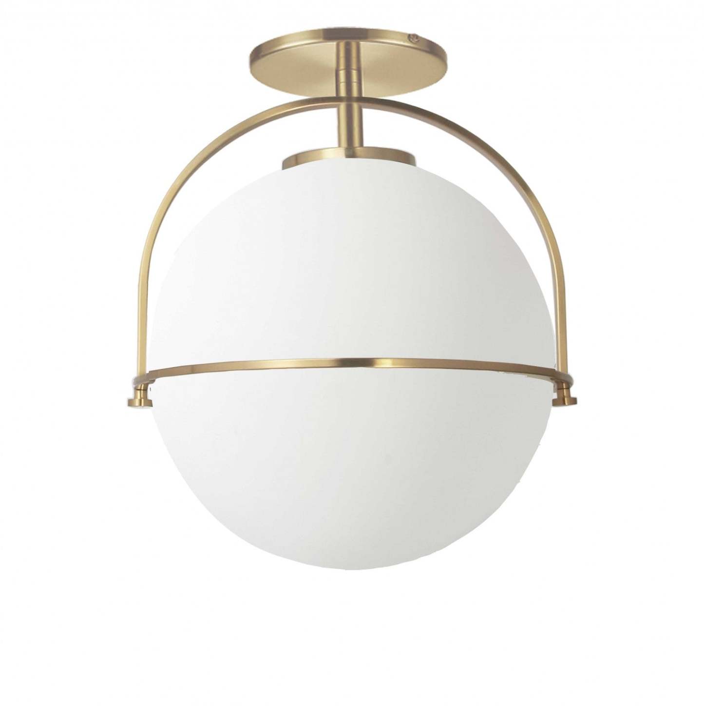 Dainolite Paola 1 Light Semi-flush Mount Aged Brass White Opal Glass Lamp|Plafonnier semi-affleuré Paola de Dainolite en verre blanc opale, avec fini laiton vieilli et 1 ampoule