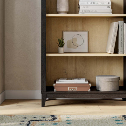 Bibliothèque Prepac Ark - Chêne Noir et Naturel|Bibliothèque arquée Ark de Prepac - noire et chêne naturel