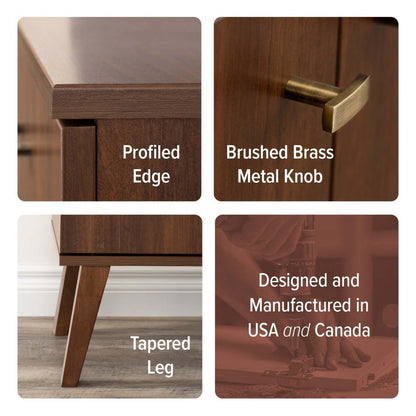 Milo Mid-Century Modern Tall Bookcase with Adjustable Shelves, 2 Doors & Brushed Brass-Finished Knobs - Cherry|Bibliothèque haute moderne du milieu du 20e siècle Milo avec tablettes réglables, 2 portes et poignées au fini laiton brossé - cerisier