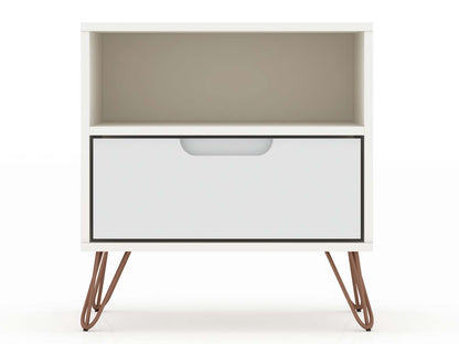 Manhattan Comfort Rockefeller Mid-Century Modern Nightstand with Drawer - White|Table de nuit Rockefeller de Manhattan Comfort de style moderne du milieu du 20e siècle avec tiroir - blanche
