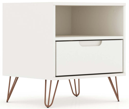 Manhattan Comfort Rockefeller Mid-Century Modern Nightstand with Drawer - White|Table de nuit Rockefeller de Manhattan Comfort de style moderne du milieu du 20e siècle avec tiroir - blanche
