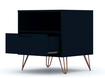 Manhattan Comfort Rockefeller Mid-Century Modern Nightstand with Drawer - Tatiana Midnight Blue|Table de nuit Rockefeller de Manhattan Comfort de style moderne du milieu du 20e siècle avec tiroir - bleu minuit Tatiana