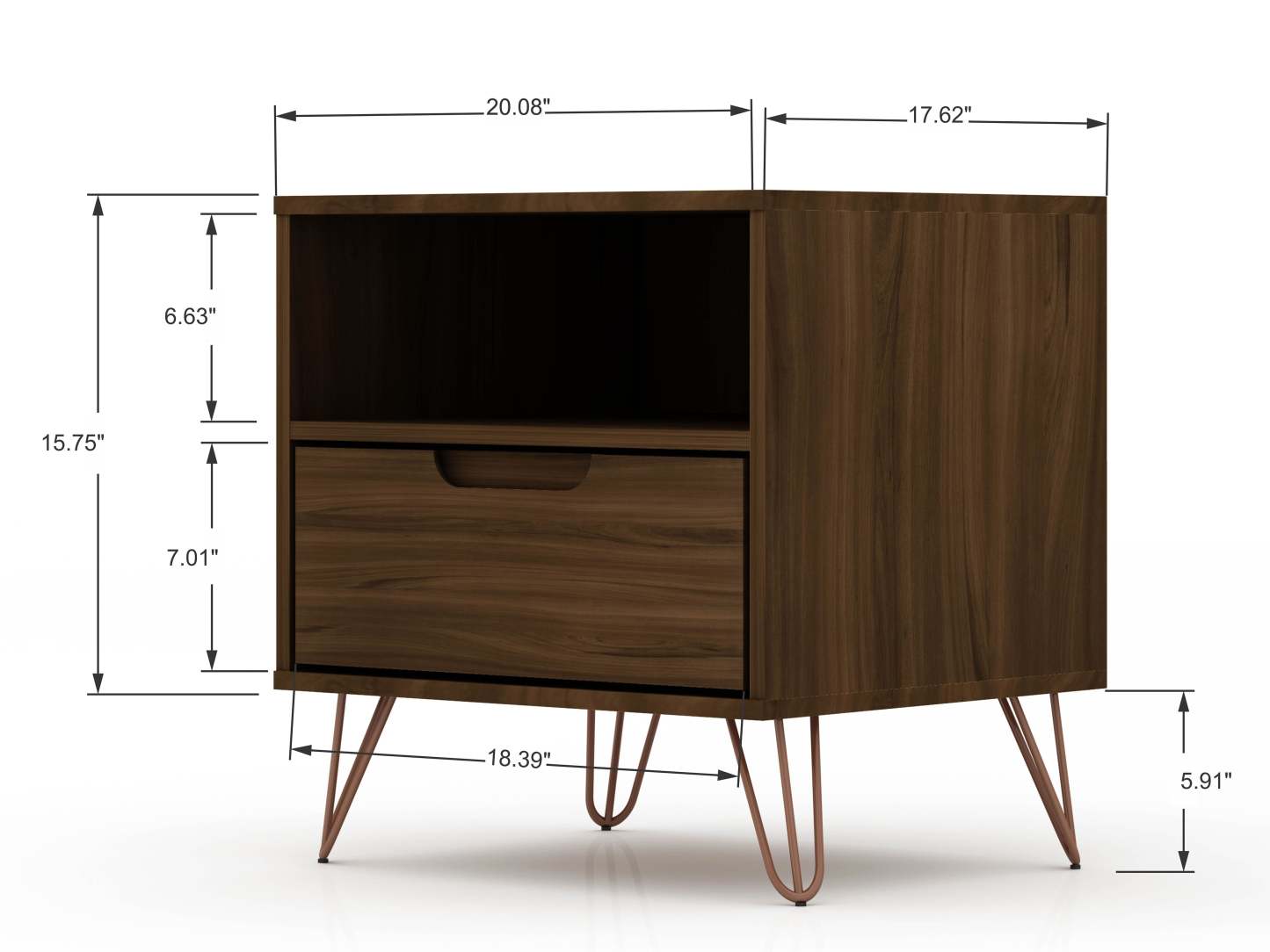 Manhattan Comfort Rockefeller Mid-Century Modern Nightstand with Drawer - Brown|Table de nuit Rockefeller de Manhattan Comfort de style moderne du milieu du 20e siècle avec tiroir - brune