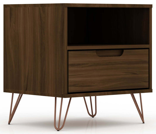 Manhattan Comfort Rockefeller Mid-Century Modern Nightstand with Drawer - Brown|Table de nuit Rockefeller de Manhattan Comfort de style moderne du milieu du 20e siècle avec tiroir - brune